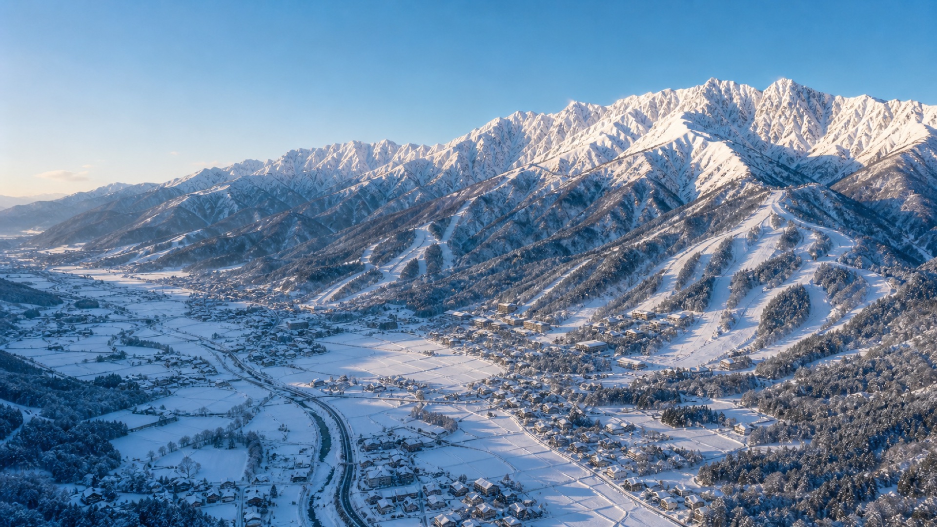 Aerial winter panorama of Hakuba Valley, ski slopes and the Northern Japanese Alps