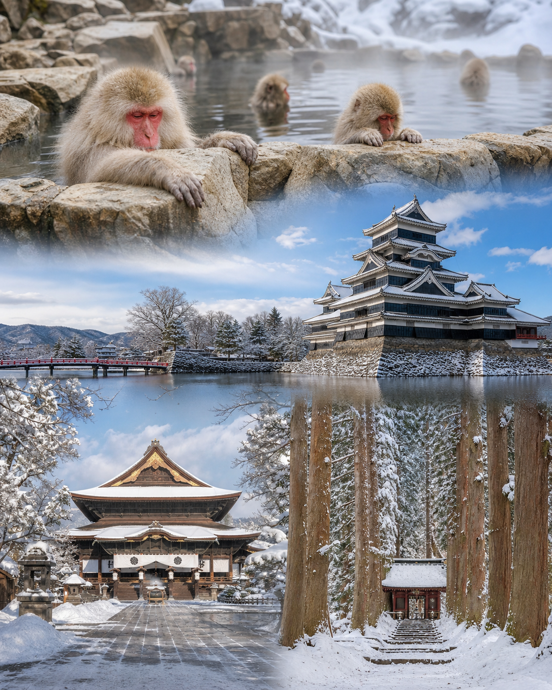 Winter attractions near Hakuba including Snow Monkey Park, Matsumoto Castle, Zenkoji Temple and Togakushi Shrine